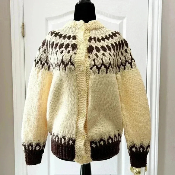 Hand Knit Cardigan Button Up Sweater Fair Isle Yellow and Brown  Size Small - Picture 13 of 13